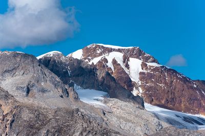 Scenic view of snowcapped mountains against clear blue sky