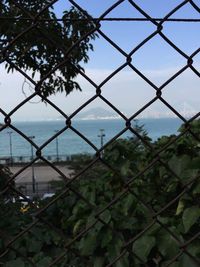 Close-up of chainlink fence against sky