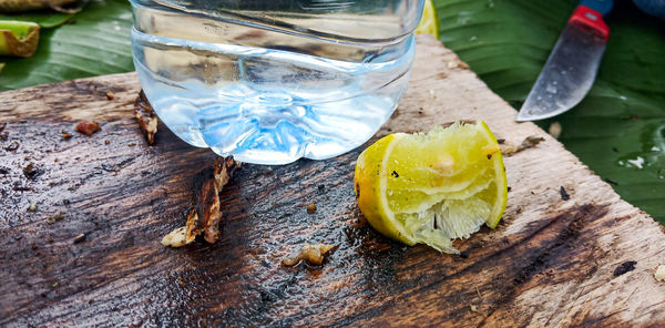 High angle view of drink on table