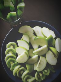 High angle view of chopped vegetables in bowl on table