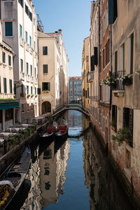 Venice,italy - july,2021 - canal in venice. reflections on the water of buildings and gondolas.