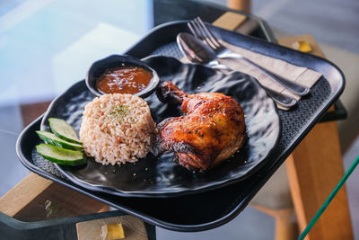 High angle view of food in plate on table