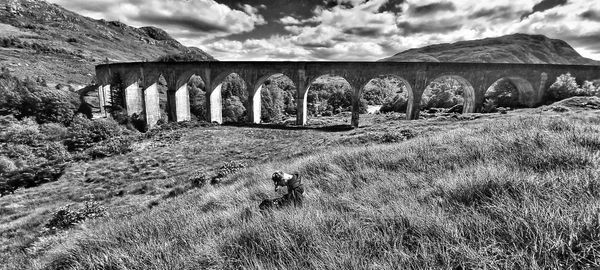 Arch bridge on field against sky