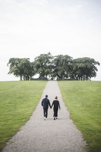 Rear view of friends holding hands walking amidst grassy field against trees and sky