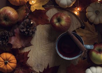 High angle view of apples on table