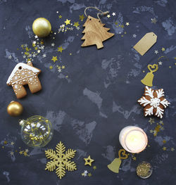 High angle view of christmas decoration on table