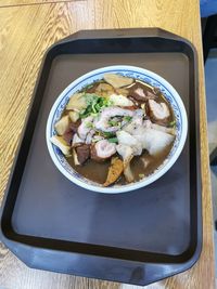 High angle view of soup in bowl on table