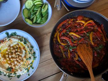 High angle view of food in plate on table