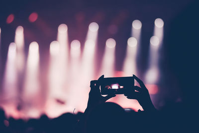 Rear view of woman amidst crowd photographing at music concert