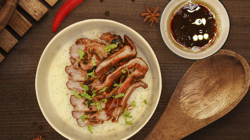 High angle view of meal served on table