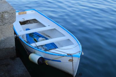 High angle view of boat moored on beach