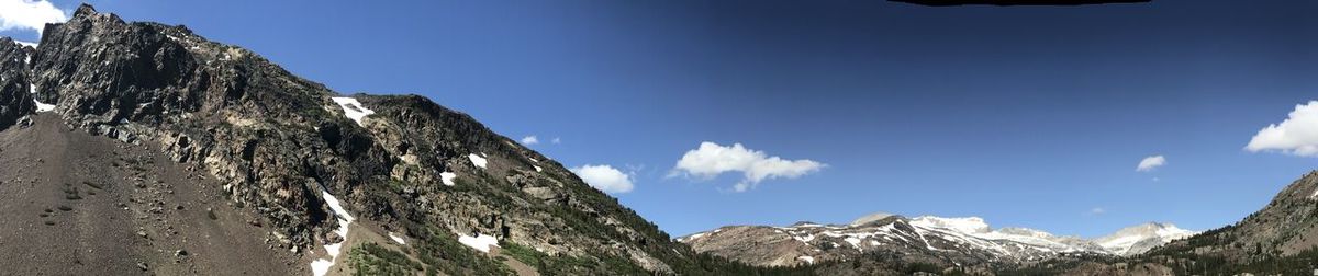 Low angle view of snowcapped mountains against blue sky