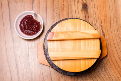 High angle view of food on wooden table