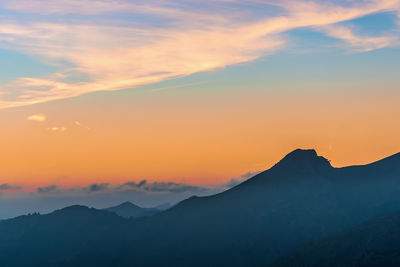 Scenic view of silhouette mountains against sky during sunset