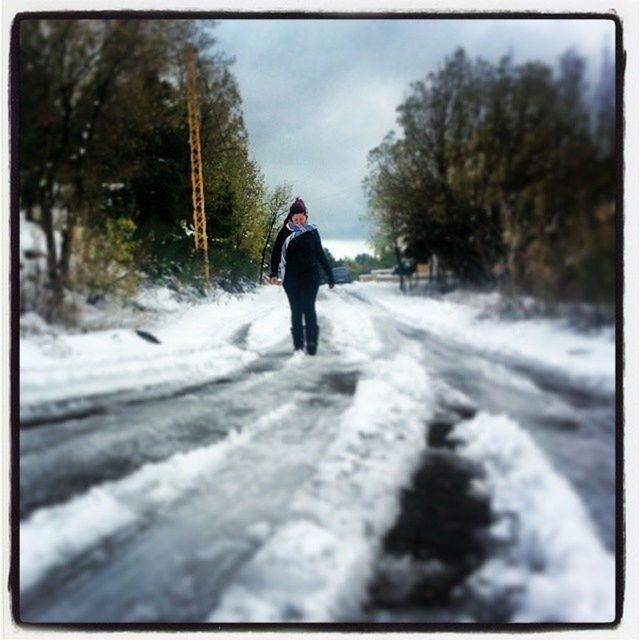 rear view, full length, tree, walking, the way forward, transportation, road, winter, lifestyles, snow, weather, men, cold temperature, sky, leisure activity, auto post production filter, street, transfer print