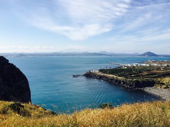 High angle view of bay against sky