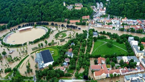 High angle view of town during flood