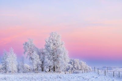 Snow covered landscape against sky during sunset