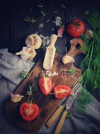 High angle view of vegetables on cutting board