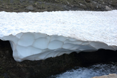 High angle view of frozen water on land