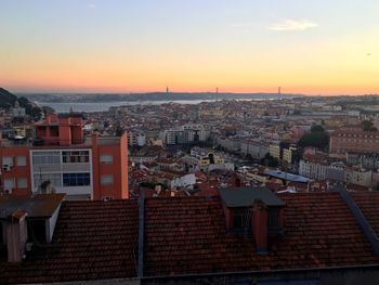 High angle view of townscape against sky during sunset