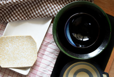 High angle view of breakfast on table