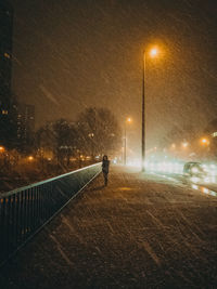 Illuminated street lights on road in city at night