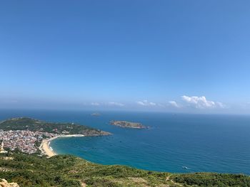 Scenic view of sea against blue sky