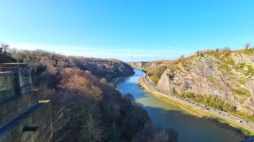 High angle view of river against clear blue sky