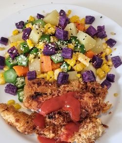 High angle view of breakfast served in plate