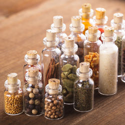 Close-up of wine bottles on table