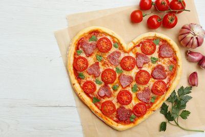 High angle view of pizza on table