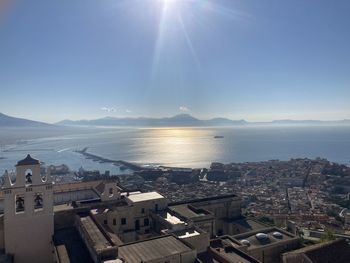 High angle view of buildings by sea against sky