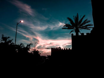 Silhouette tree by street against sky during sunset