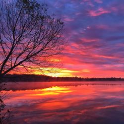 Scenic view of lake against orange sky
