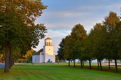 Trees growing on grassy field against church during sunset