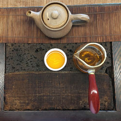 High angle view of tea cup on table