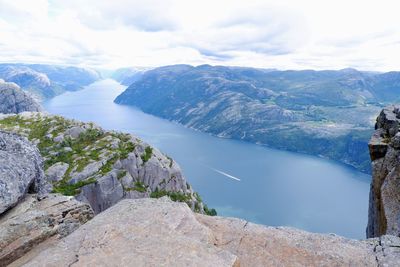 Scenic view of lake and mountains against sky