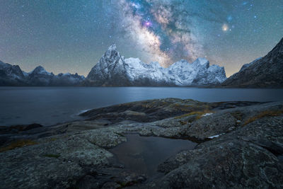 Amazing scenery of glowing stars of milky way in night sky over snowy mountain ridge near lake at night in lofoten islands