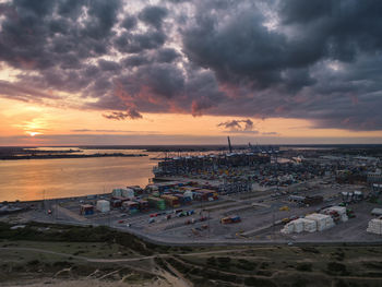 An aerial view of the port of felixstowe at sunset in suffolk, uk