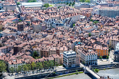 High angle view of street amidst buildings in city