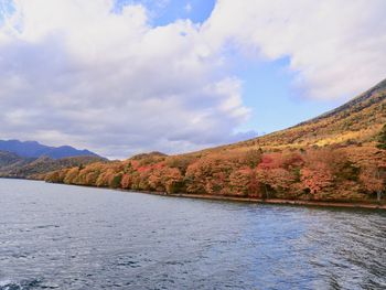 Scenic view of lake by mountains against sky