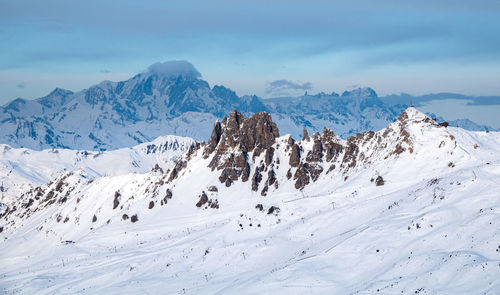 Scenic view of snowcapped mountains against sky