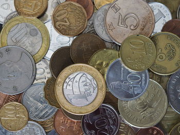 High angle view of coins