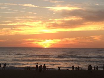 Silhouette of people on beach at sunset