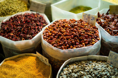 High angle view of various ingredients for sale in market