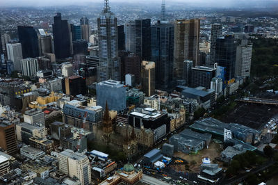 High angle view of modern buildings in city