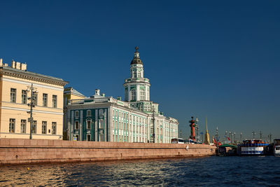 View of buildings against clear blue sky