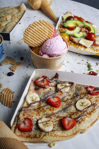 Variety of crepes and fast food ice creams