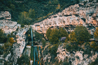 Panoramic view of trees and rocks against sky